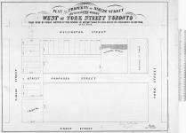 Plan of property on Simcoe Street and Wellington Street West of York street Toronto to be sold by Public Auction at the Rooms of Messrs Wakefield & Coate on Thursday 16 Oct. 1856, at 12 o'clock. [cartographic material] 1856.