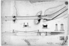 Plan of the Union Suspension Bridge, between Bytown and Hull, to be erected across the Ottawa River, below the Chaudiere Falls. C.E. Office of the Board of Works. 1842. Fig. 1. Plan of Road way. Fig. 2. Elevation. Fig. 3. Section though A.B. Fig. 4. Section through center of Stone Arch. Fig. 5. Enlarged Plan of Towers, End View. Side View. Fig. 6. Plan of Base of One Tower. Fig. 7. Stone Arch. [architectural drawing] 1842