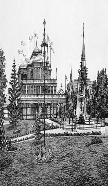 Historic photo from 1887 - Sketch of the Horticultural Gardens, pavilion, fountain, and St. Andrew's Presbyterian Church (now Grace Toronto Church) - Carlton Street in Garden District