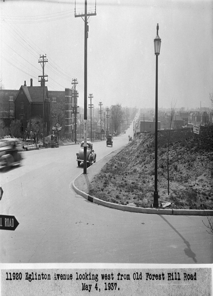 Historic photo from Tuesday, May 4, 1937 - Eglinton looking west from Old Forest Hill Road, to apartment still standing at 777 Eglinton Ave West in Forest Hill