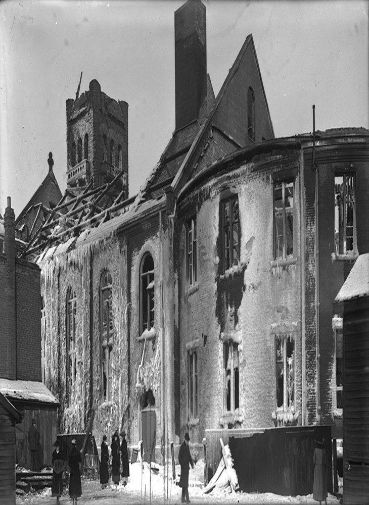 Historic photo from Monday, February 2, 1920 - Westminster (Presbyterian) Church, fire ruins, 49 Bloor east. Toronto, Ont in Yorkville