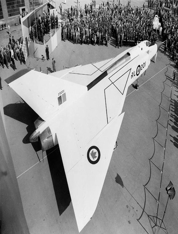 Historic photo from Friday, October 4, 1957 - Crowds around the Avro Arrow unveiling at Pearson Airport - RL 201 - tail number 25201 in Malton