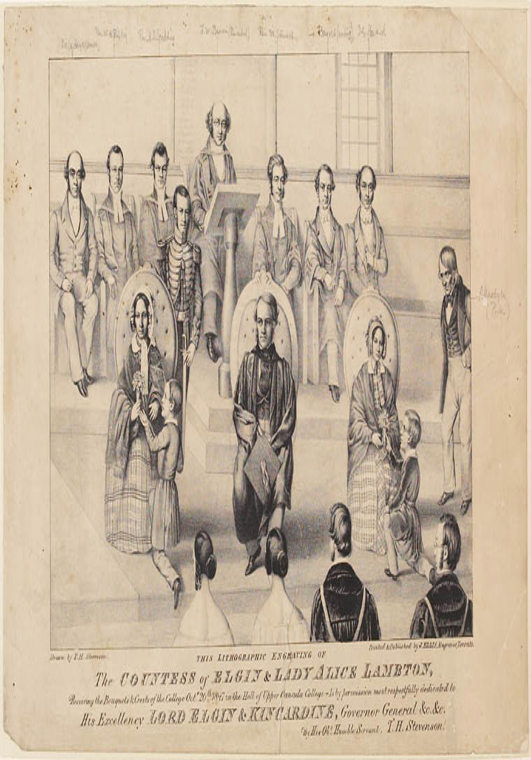Historic photo from Wednesday, October 20, 1847 - The Countess Elgin and Lady Alice Lambton receiving the Bouquets and Crests in the Hall of Upper Canada College in King Street West