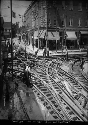 Historic photo from Thursday, August 10, 1922 - Track work at Bloor and Dovercourt - Mitchell building 1914 in Dovercourt Park