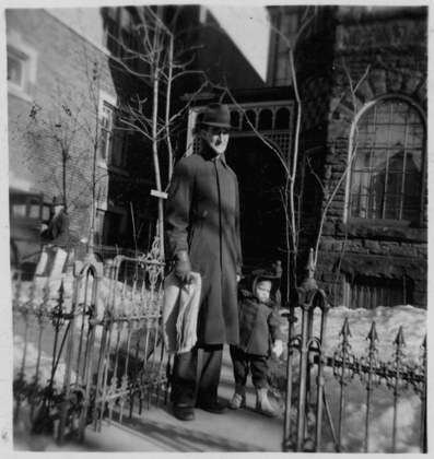 Historic photo from Thursday, January 30, 1941 - Wilson P. MacDonald and Ann MacDonald in front of house at 545 Jarvis St. (Gloucester St. and Earl Pl.) in Upper Jarvis