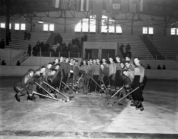 Players of the Mechanical Training Establishment and Sea Training Establishment hockey teams, H.M.C.S. CORNWALLIS, Halifax, Nova Scotia, Canada, 30 January 1943.