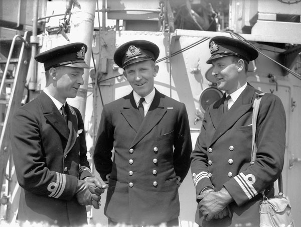 Commanding Officers of three Royal Canadian Navy destroyers, Plymouth, England, 2 June 1940.