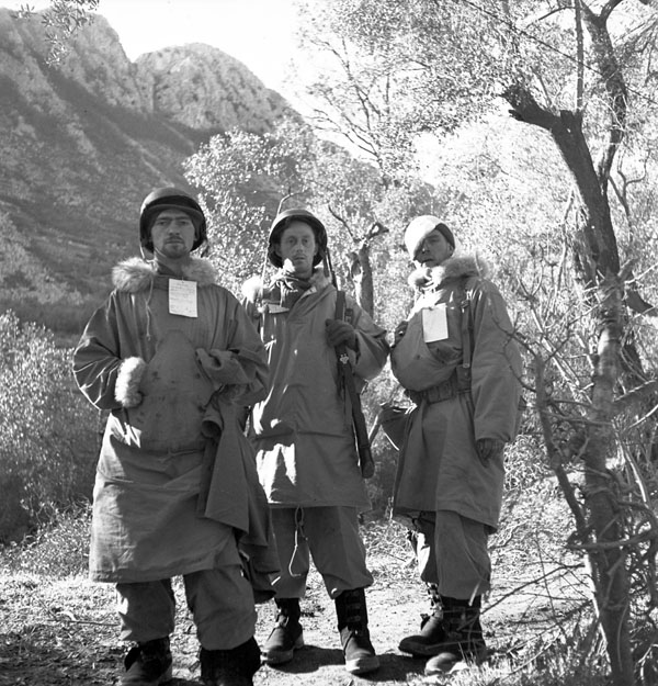 Canadian personnel of the First Special Service Force awaiting medical evacuation, near Venafro, Italy, January 1944.