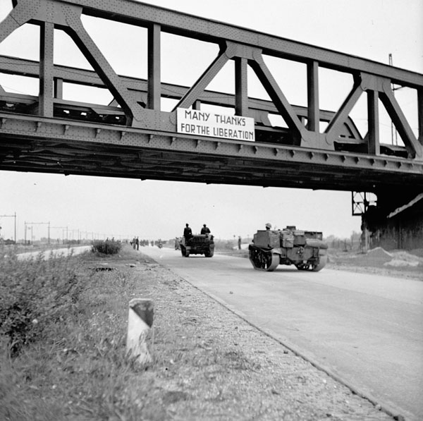 Universal Carriers of the 1st Canadian Infantry Division near Rotterdam, Netherlands, 9 May 1945.