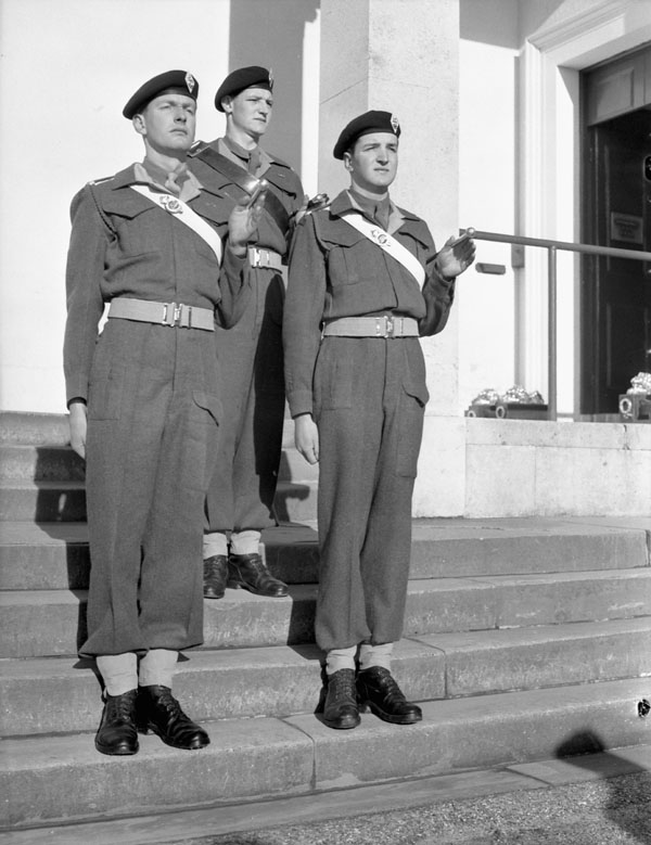 Canadian cadets who were chosen as “stick men” during the graduation parade at the Royal Military College, Sandhurst, England,  10 February 1945 .