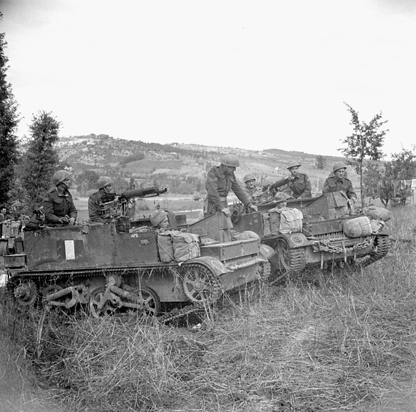 Personnel of the Saskatoon Light Infantry (M.G.)  in Universal Carriers, Monacilione, Italy, ca. 9 - 18 October 1943.