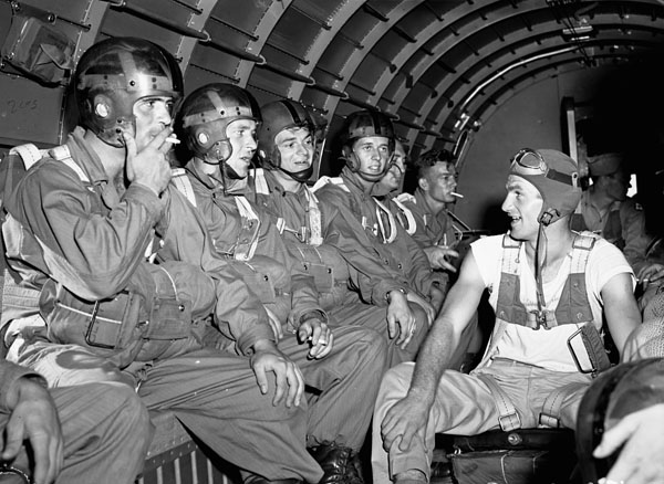 The first group of Canadian parachute candidates  preparing to jump from a Douglas C-47 aircraft, Fort Benning, Georgia, United States, 7-11 September 1942.