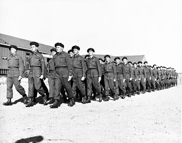 Marchpast of the first class of parachute candidates to graduate from the S-14 Canadian Parachute Training Centre, Camp Shilo, Manitoba, Canada, 13 September 1943.