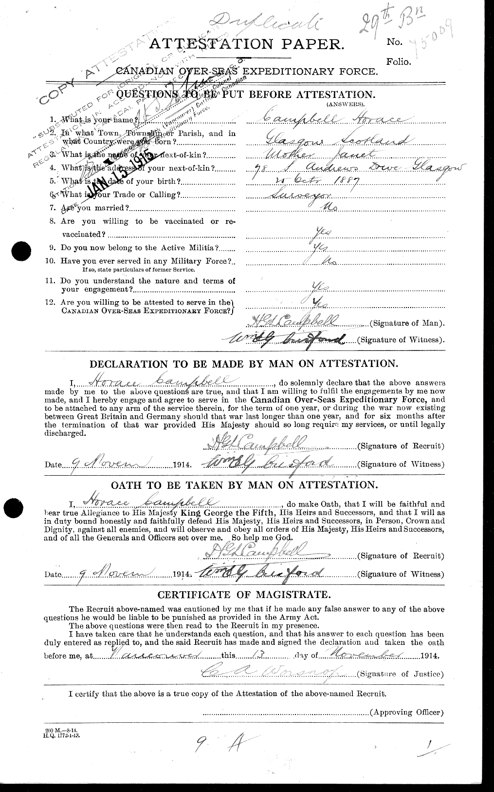 Attestation record: Horace Gibson Leitch Campbell