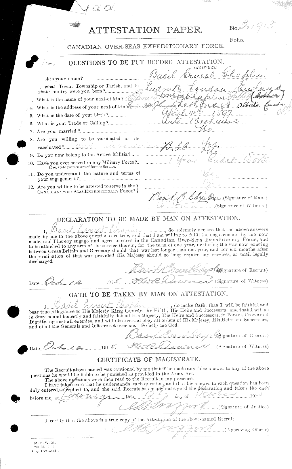 Private Basil Ernest Chaplin CGWP Record Detail