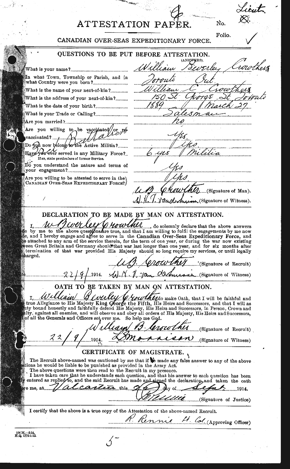 Attestation record: William Beverley Crowther