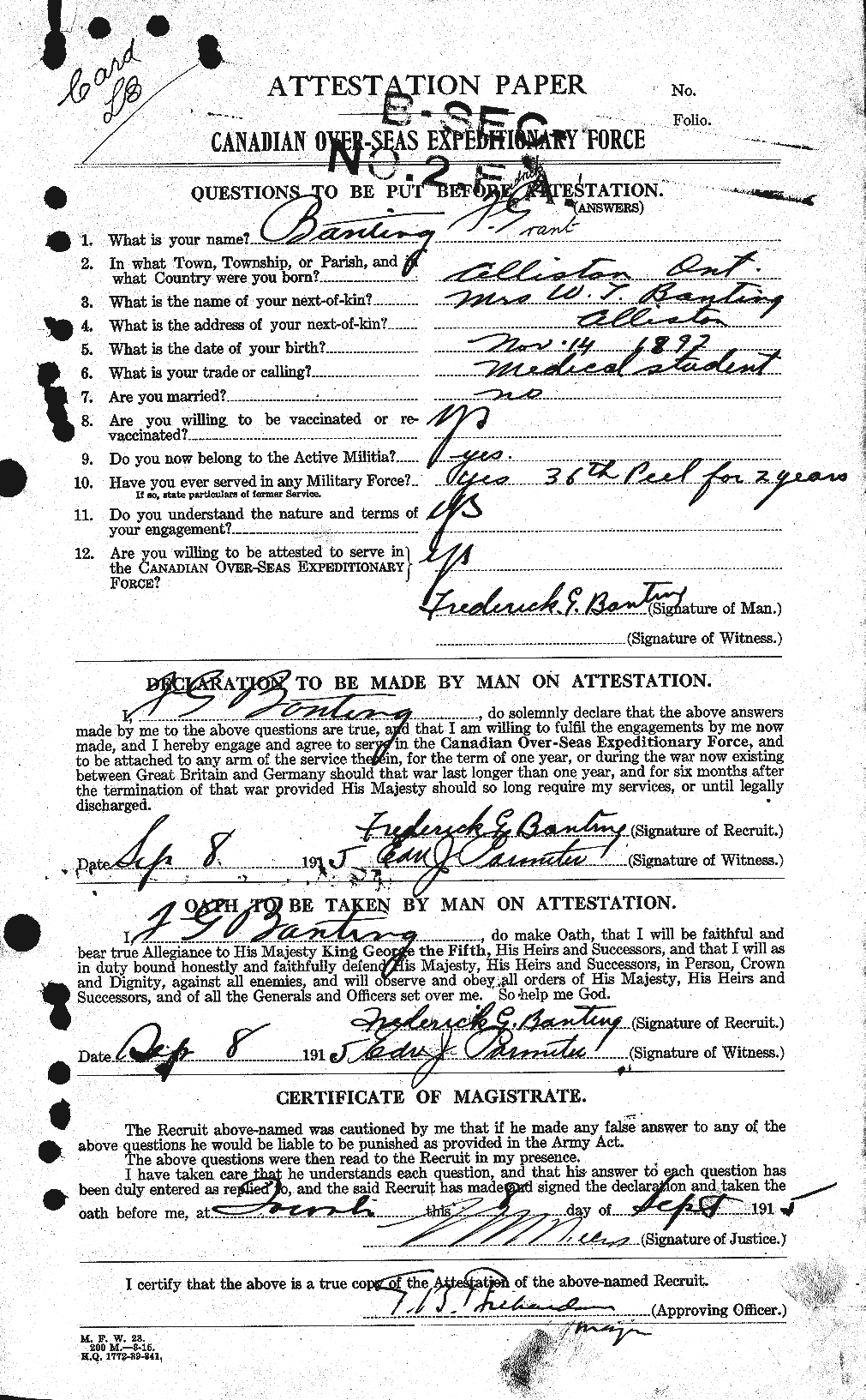 Attestation record: Frederick Grant Banting