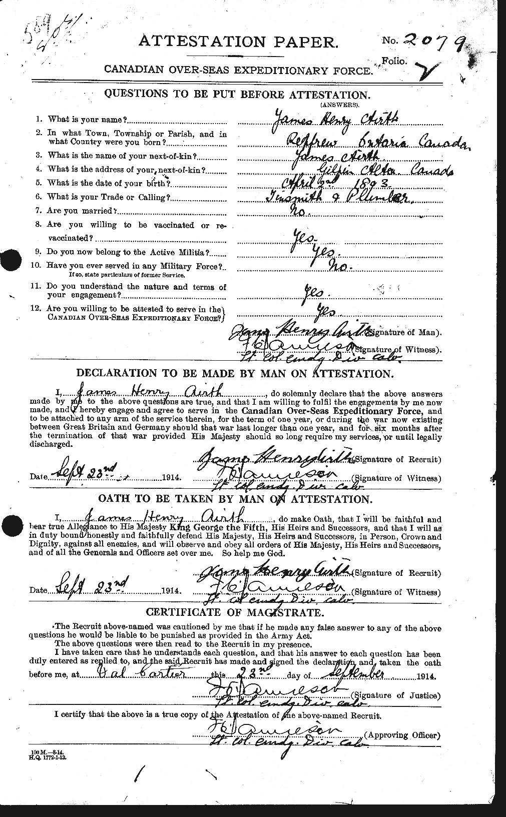 Attestation record: James Henry Airth
