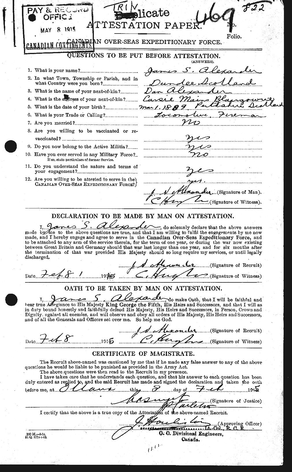 Sergeant James Smith Alexander CGWP Record Detail