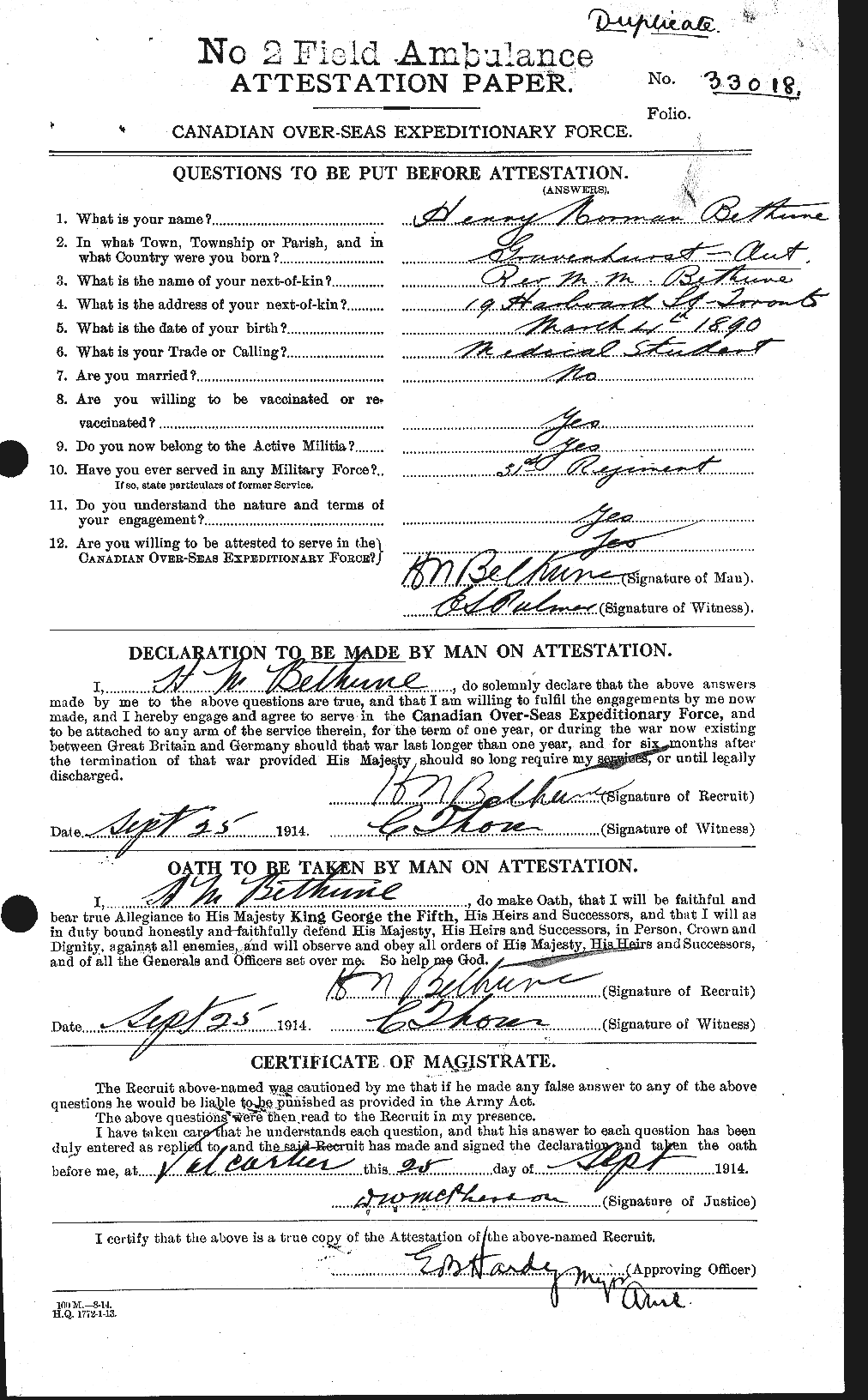 Attestation record: Henry Norman Bethune