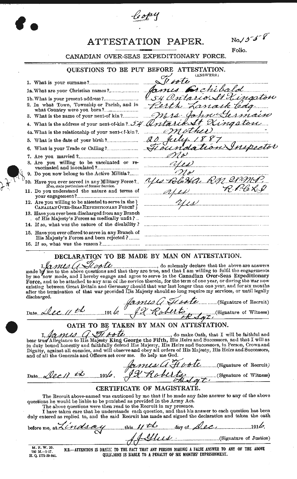 Attestation record: James Archibald Foote