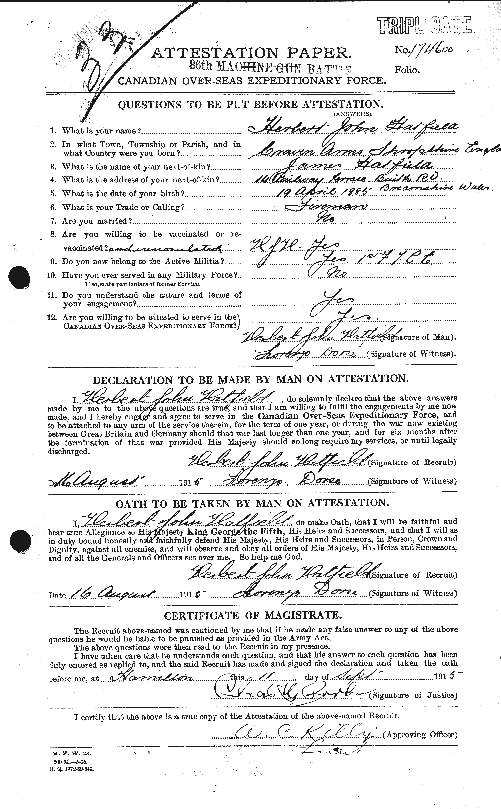 Private Herbert John Hatfield :: CGWP Record Detail