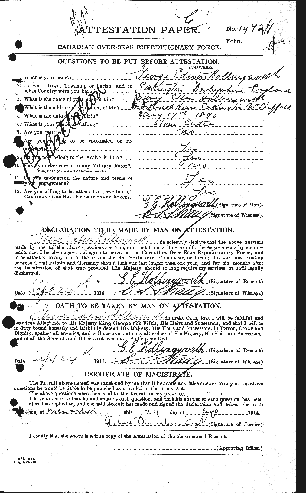 Attestation record: George Edison Hollingworth