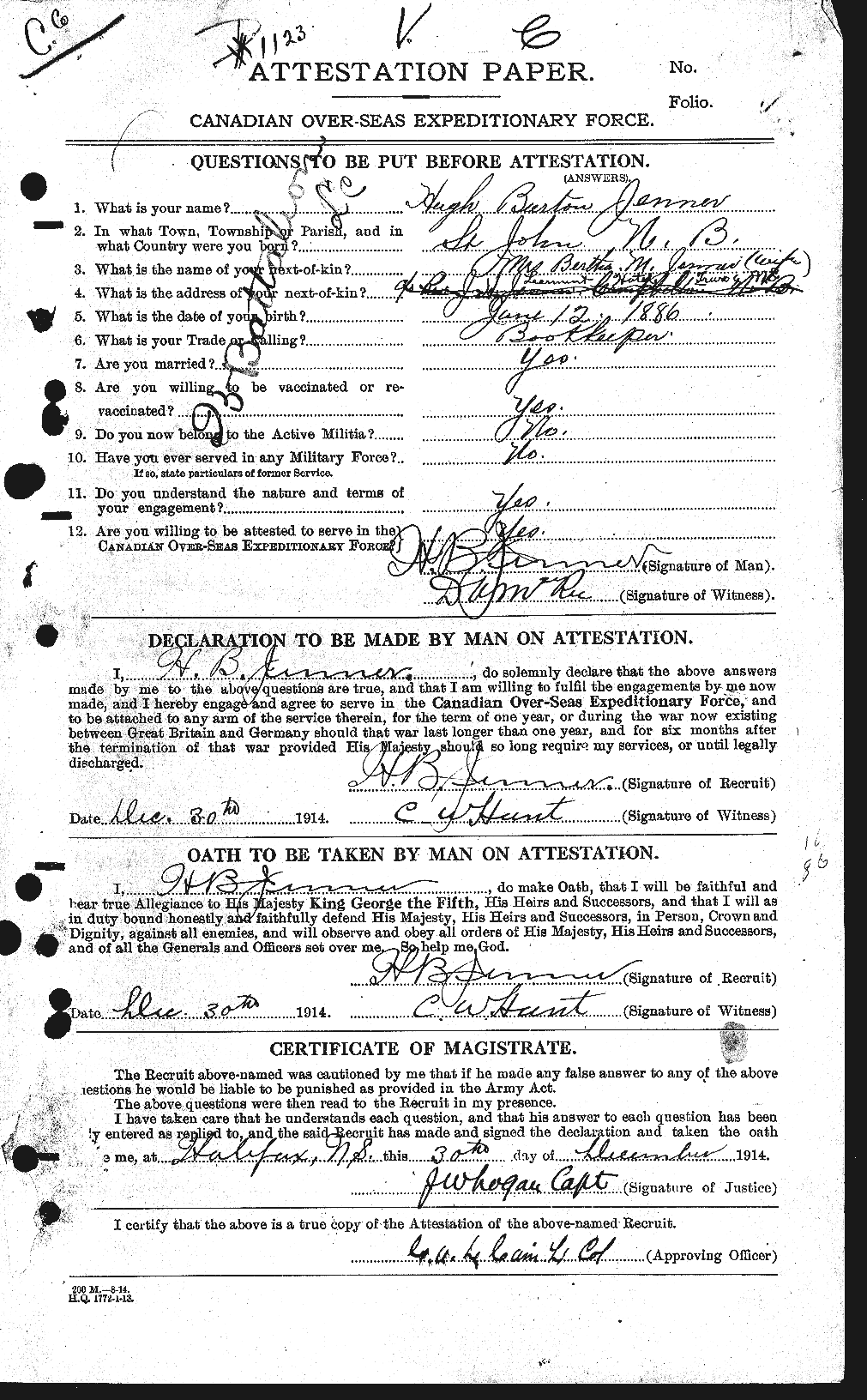 Lance Corporal Hugh Burton Jenner CGWP Record Detail