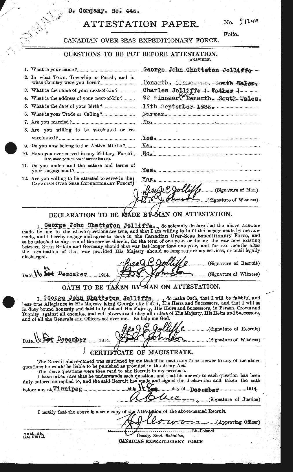 Private George John Chatterton Jolliffe :: CGWP Record Detail