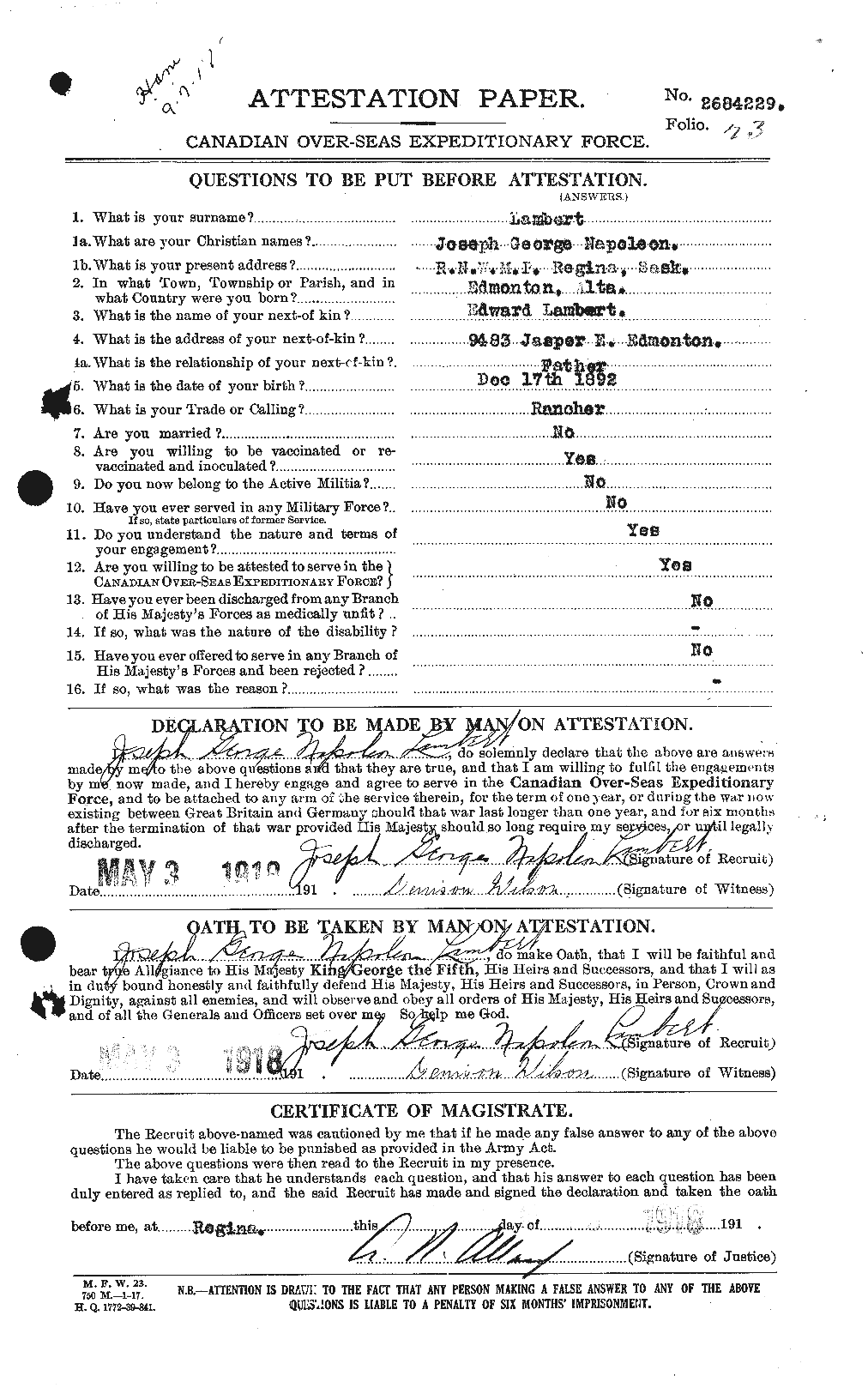 Attestation record: Joseph George Napoleon Lambert