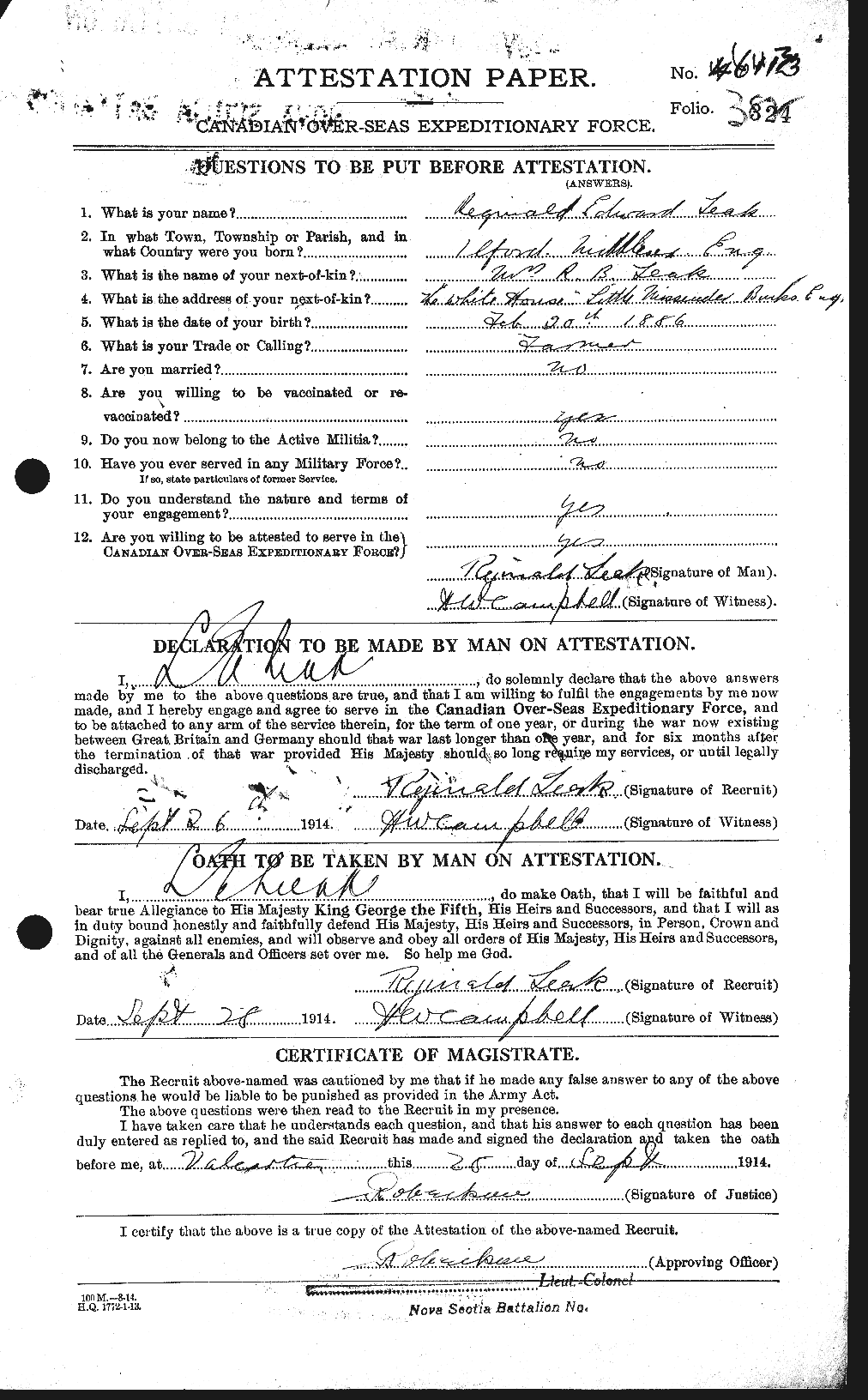 Attestation record: Reginald Edward Chambers Leak