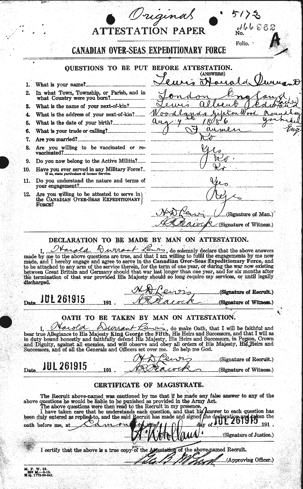 Attestation record: Harold Durant Lewis