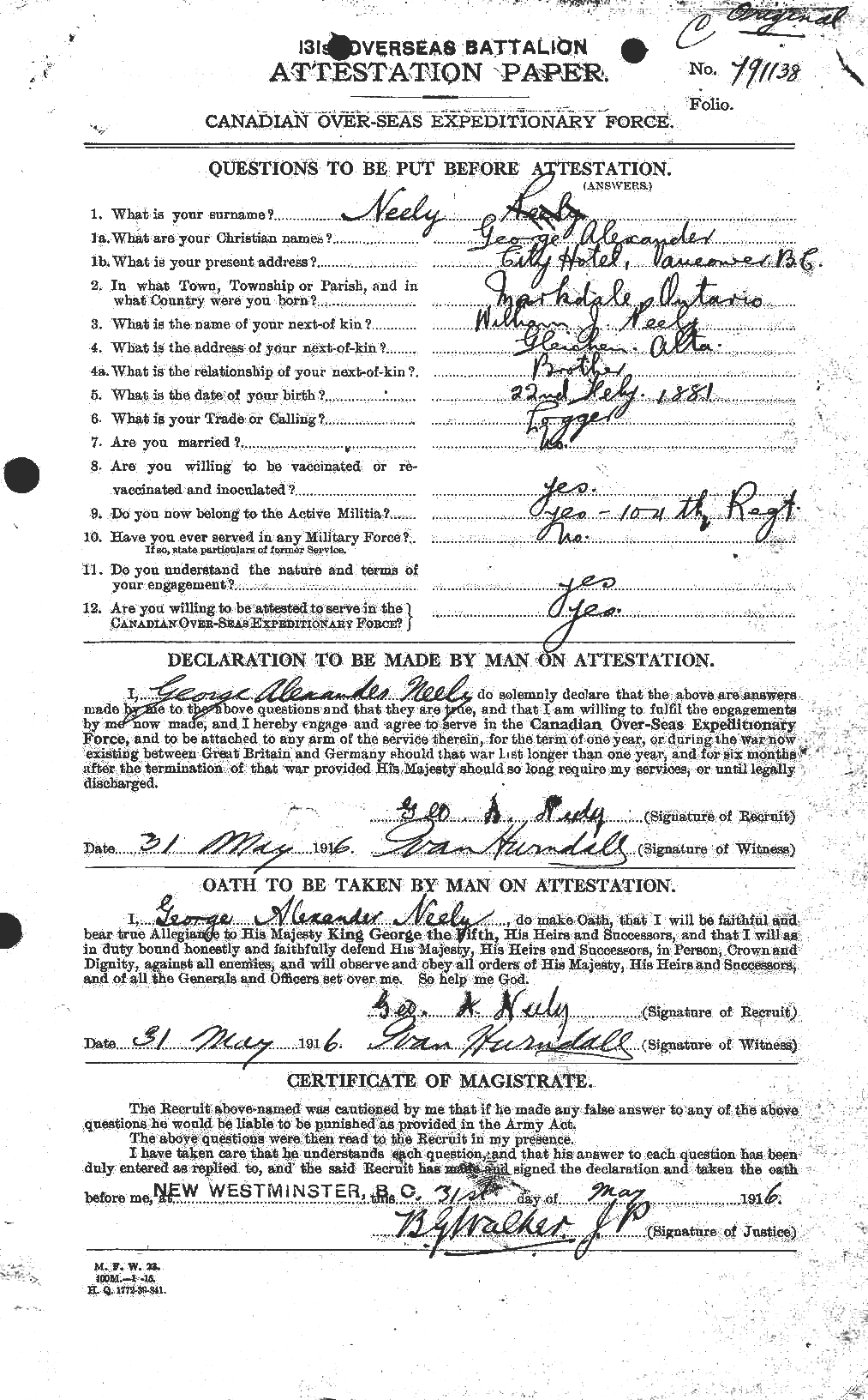 Attestation record: George Alexander Neely