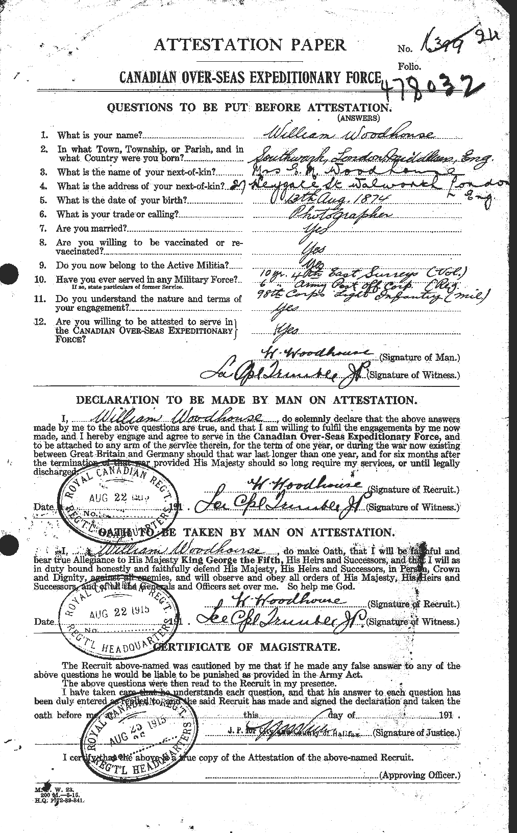 Attestation record: William Woodhouse