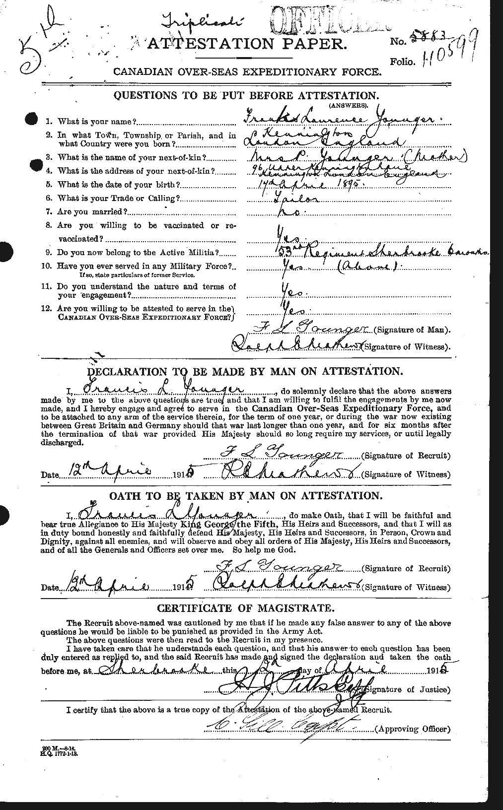 Attestation record: Frank Lawrence Younger